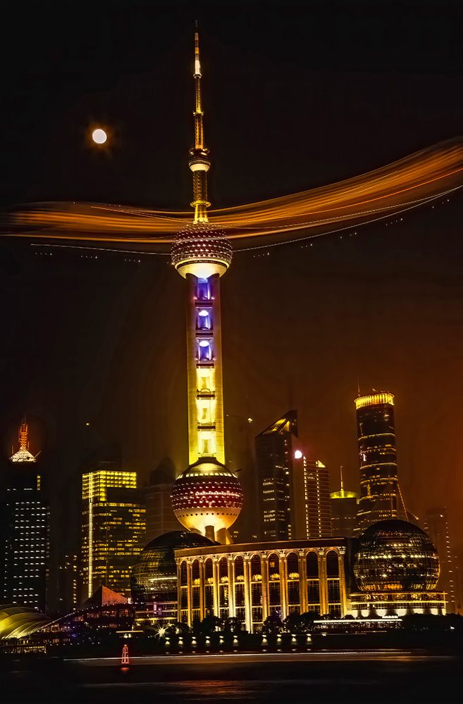 Shanghai TV Tower, Pudong, Night shot with moon and blimp art print by William Perry for $57.95 CAD