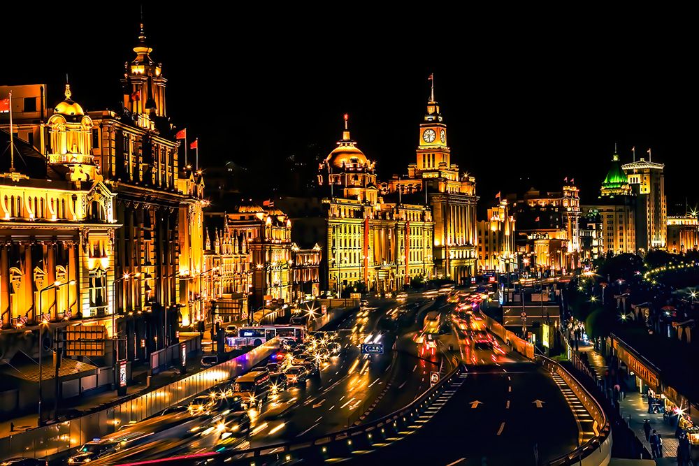 The Bund, old part of Shanghai, China, Night Illuminated with cars. art print by William Perry for $57.95 CAD