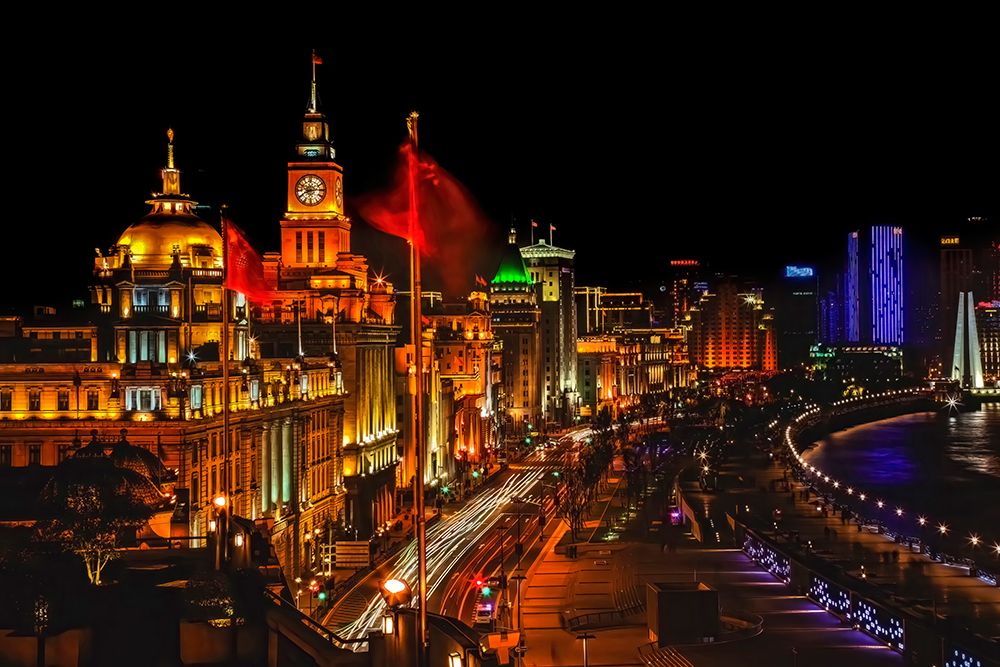 Shanghai, China, The Bund Buildings Monuments Night red Flags Cars art print by William Perry for $57.95 CAD