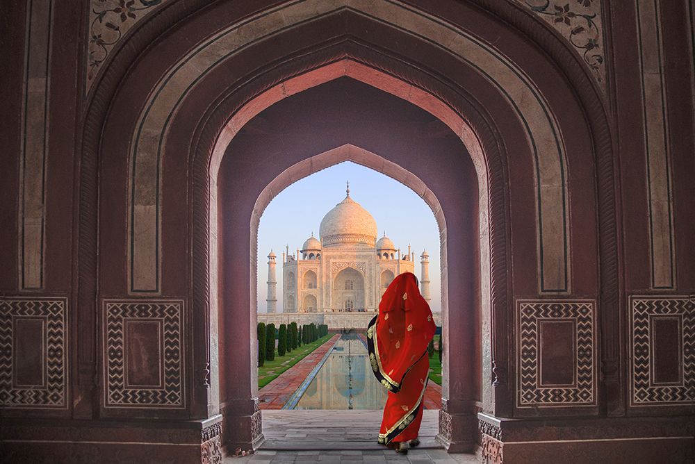 India-Agra-Taj Mahal-Composite of woman in archway facing mausoleum art print by Jaynes Gallery for $57.95 CAD