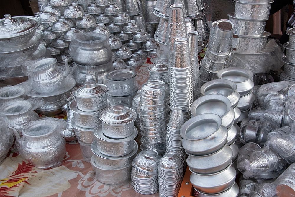 India-Delhi-Old Delhi Aluminum vendor-detail of goods for sale art print by Cindy Miller Hopkins for $57.95 CAD