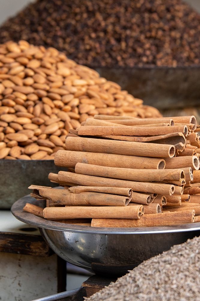 India-Delhi-Old Delhi Old Delhi street market Mixed nuts-spices and cinnamon sticks art print by Cindy Miller Hopkins for $57.95 CAD