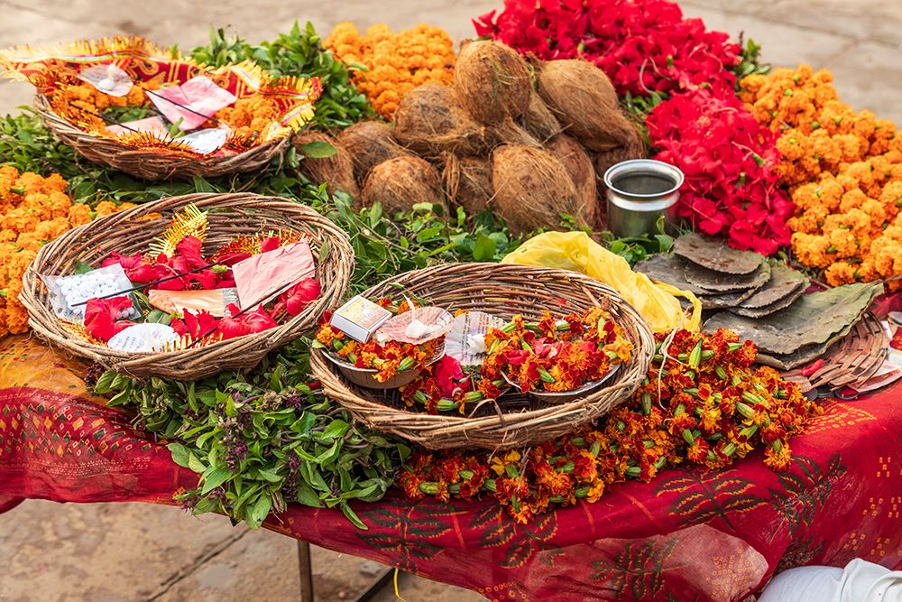 India, Uttar Pradesh, Varanasi, Bangali Tola. Flowers, coconuts, and other offerings. art print by Emily M. Wilson for $57.95 CAD