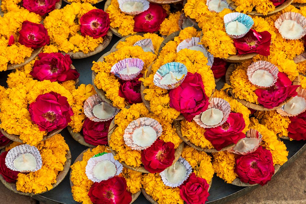 India, Uttar Pradesh, Varanasi, Bangali Tola. Selling offerings of flowers and candles. art print by Emily M. Wilson for $57.95 CAD