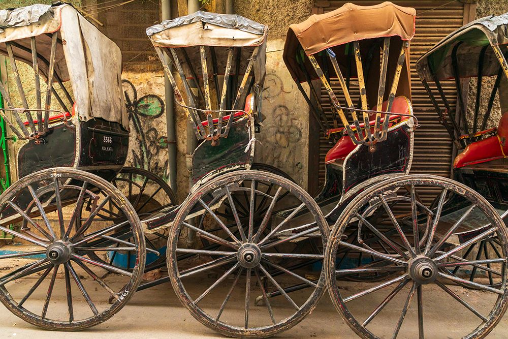 India, West Bengal, Kolkata, College Square. Rickshaws in a line. art print by Emily M. Wilson for $57.95 CAD