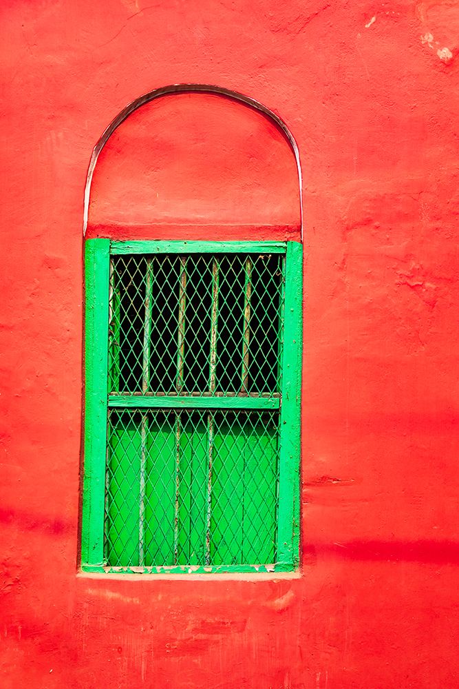 India, West Bengal, Kolkata, College Square. Bright green window in bright red wall. art print by Emily M. Wilson for $57.95 CAD