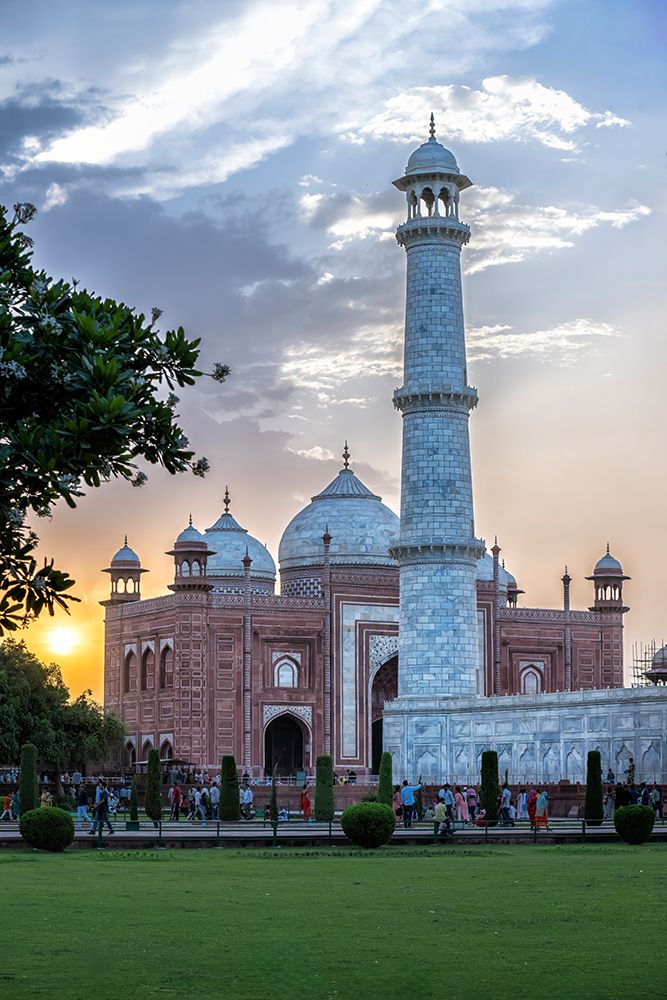 India, Uttar Pradesh, Agra. Taj Mahal, side vertical view of Main gate at sunset art print by Sheila Haddad for $57.95 CAD