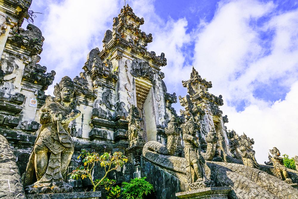 Grounds of Heavens Gate with seven temples overlooking Balis highest volcano mount Agung art print by Greg Johnston for $57.95 CAD