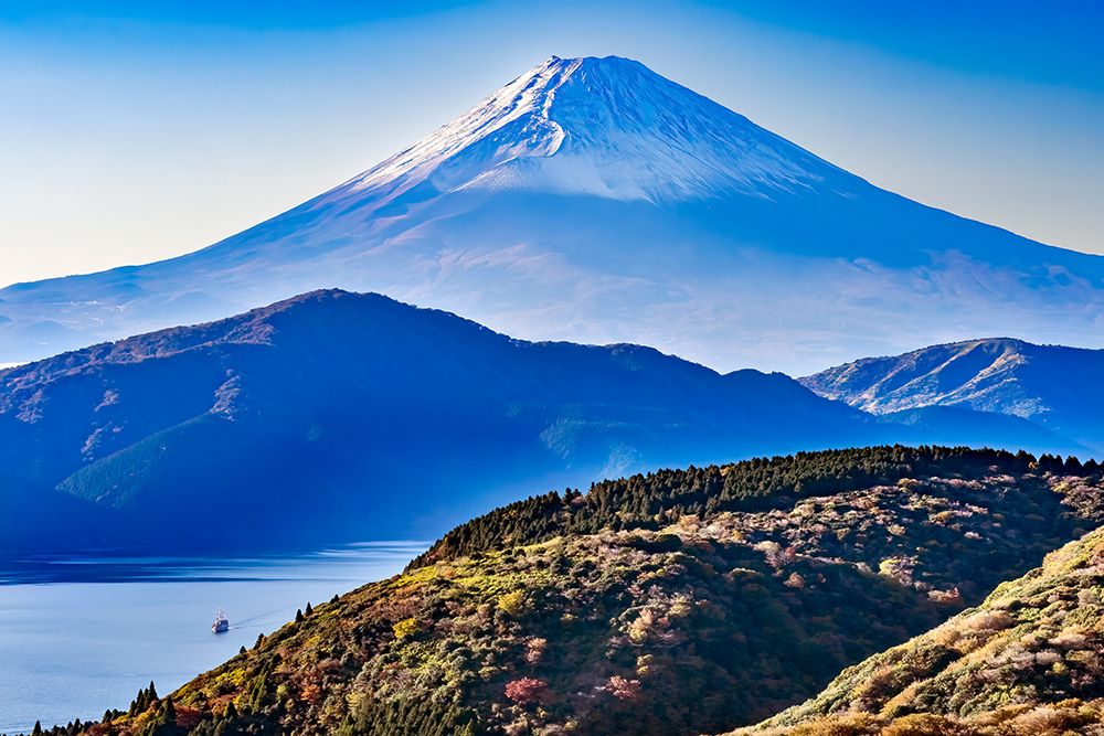 Colorful Mount Fuji Mountain Pirate Ship Crater Lake Ashinoko, Hakone, Kanagawa, Japan. art print by William Perry for $57.95 CAD