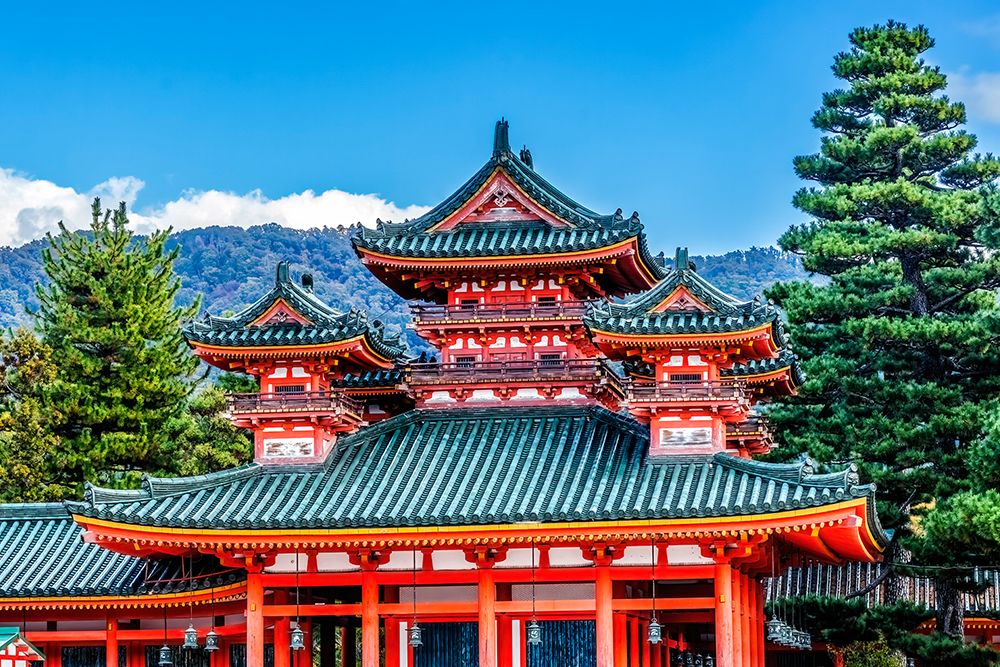 Colorful large red Soryu-ro Blue Dragon Tower, Heian-jingu Shrine, Kyoto, Japan. art print by William Perry for $57.95 CAD