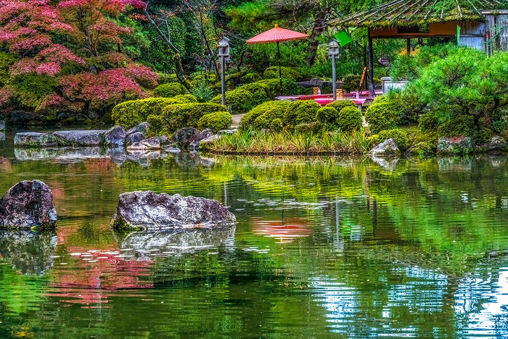 Colorful garden, water reflection, Choshin-tei Tea House, Heian-jingu Shrine, Kyoto, Japan. art print by William Perry for $57.95 CAD
