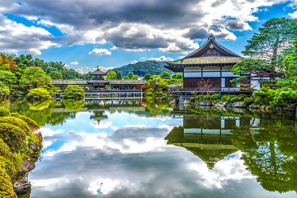 Colorful Peace Bridge, Shobi-kan guesthouse, East Lake, Heian-jingu Shrine, Kyoto, Japan. art print by William Perry for $57.95 CAD