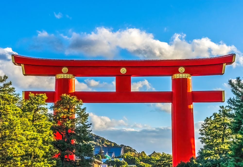 Colorful large red Tori Gate, Heian-jingu Shrine, Kyoto, Japan. art print by William Perry for $57.95 CAD