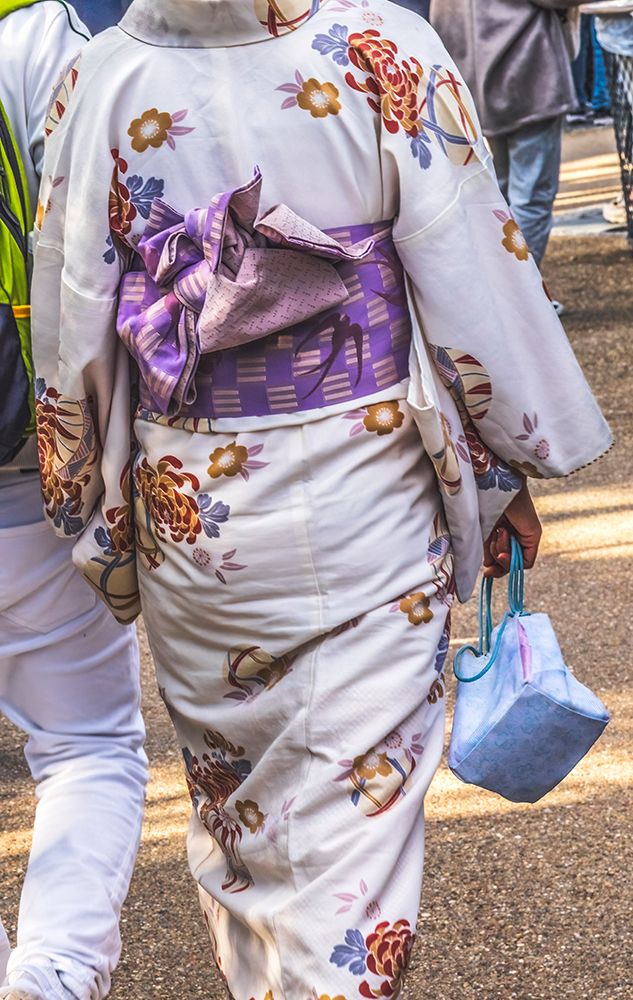 Colorful white traditional Japanese kimono, Kiyomizu Buddhist Temple, Kyoto, Japan. art print by William Perry for $57.95 CAD