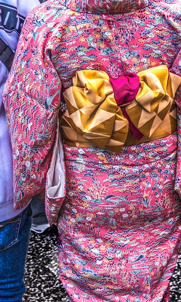 Colorful Japanese kimono gold obi, Kiyomizu Buddhist Temple, Kyoto, Japan. art print by William Perry for $57.95 CAD