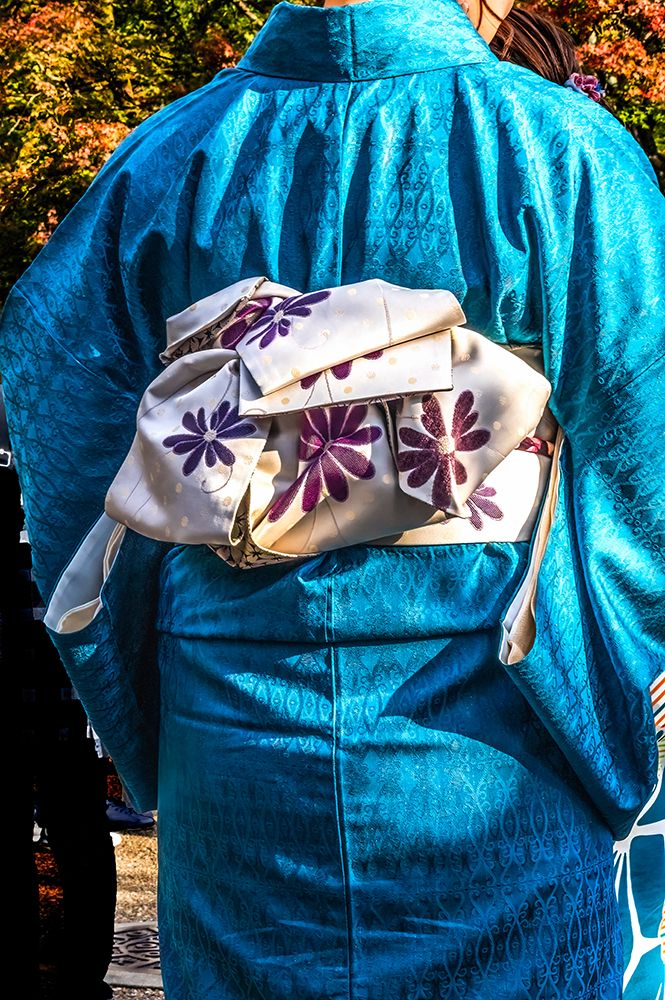 Colorful blue traditional Japanese kimono white obi, Kiyomizu Buddhist Temple, Kyoto, Japan. art print by William Perry for $57.95 CAD