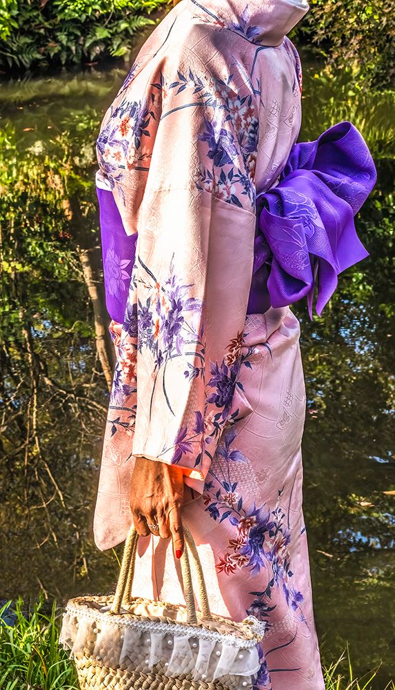 Colorful Japanese kimono with purple obi, Kiyomizu Buddhist Temple, Kyoto, Japan. art print by William Perry for $57.95 CAD