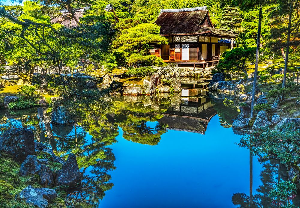Colorful pond reflection Togu-do Hall, Ginkaku-ji Temple, Kyoto, Japan. Also known as Jisho-ji. art print by William Perry for $57.95 CAD