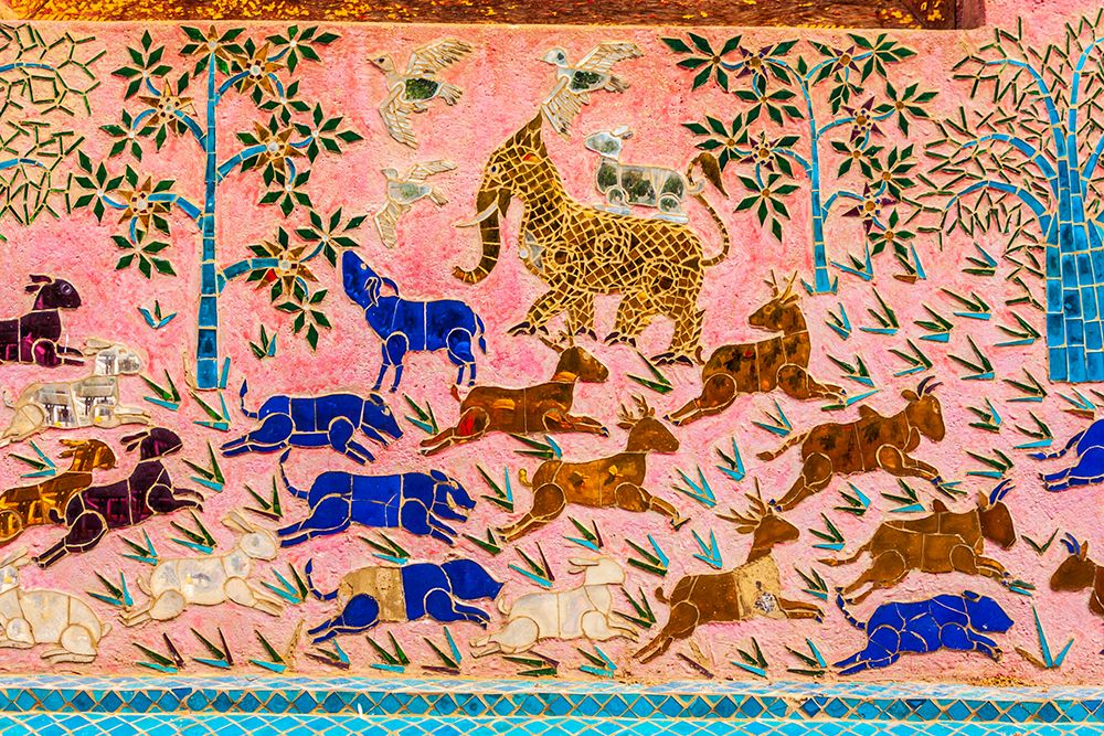 Laos- Luang Prabang. Mosaic mural depicting animals. art print by Tom Haseltine for $57.95 CAD