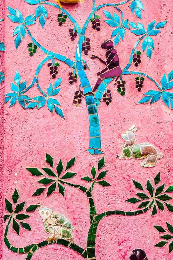 Laos- Luang Prabang. Mosaic mural depicting a monkey in a fruit tree. art print by Tom Haseltine for $57.95 CAD