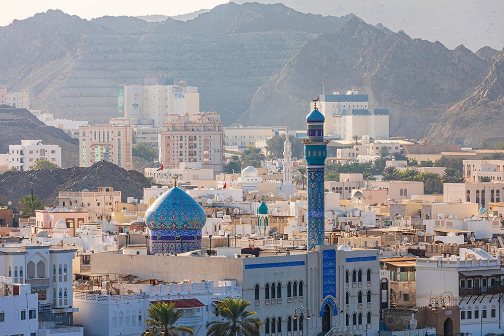 Middle East-Arabian Peninsula-Oman-Muscat-Muttrah-Blue minaret and dome of a mosque in Muttrah art print by Emily Wilson for $57.95 CAD