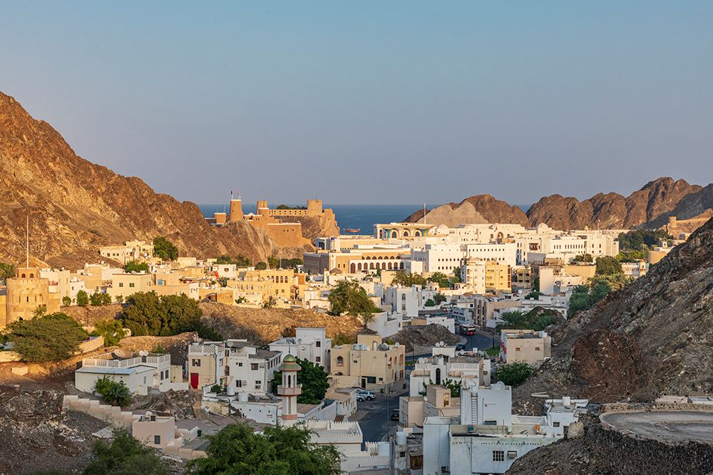 Middle East-Arabian Peninsula-Oman-Muscat-Sunset view of a neighborhood in the hills of Muscat art print by Emily Wilson for $57.95 CAD