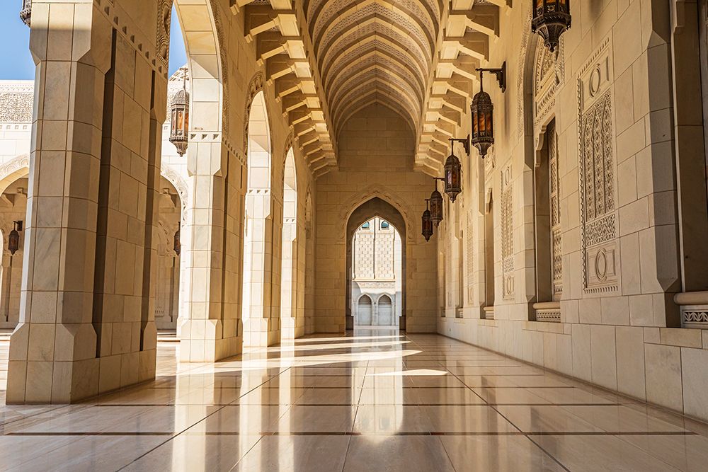 Middle East-Arabian Peninsula-Oman-Muscat-Exterior corridor of Sultan Qaboos Grand Mosque in Muscat art print by Emily Wilson for $57.95 CAD