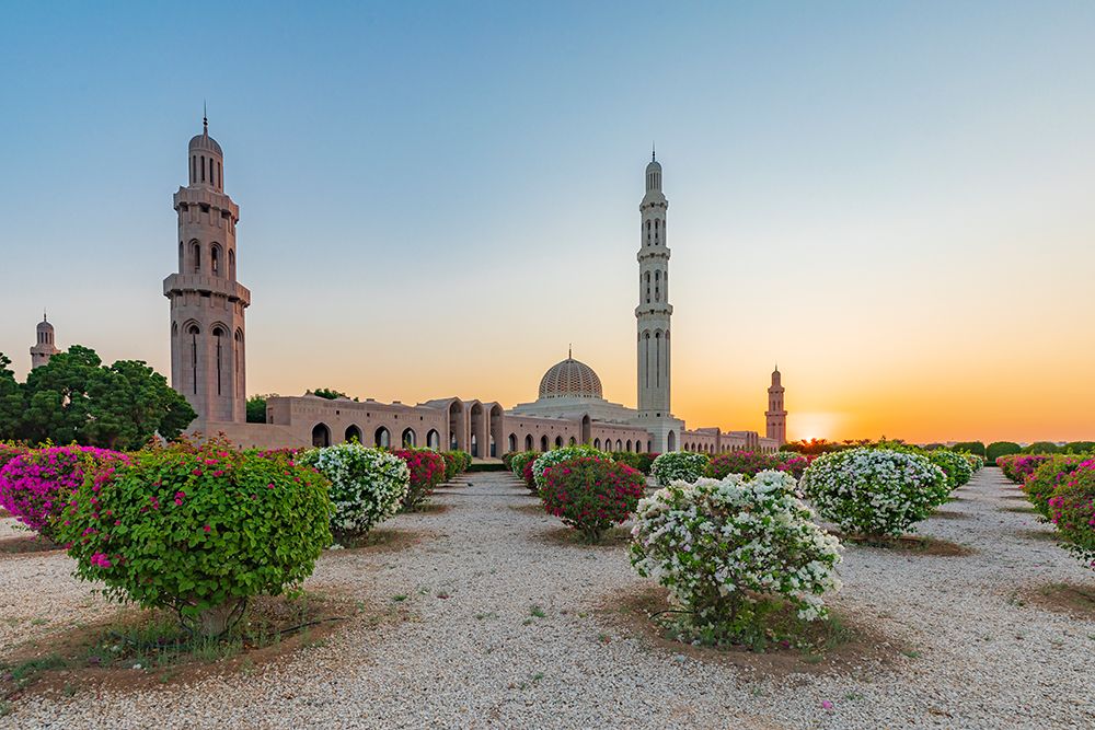 Middle East-Arabian Peninsula-Oman-Muscat-Sunset view of the Sultan Qaboos Grand Mosque in Bawshar art print by Emily Wilson for $57.95 CAD