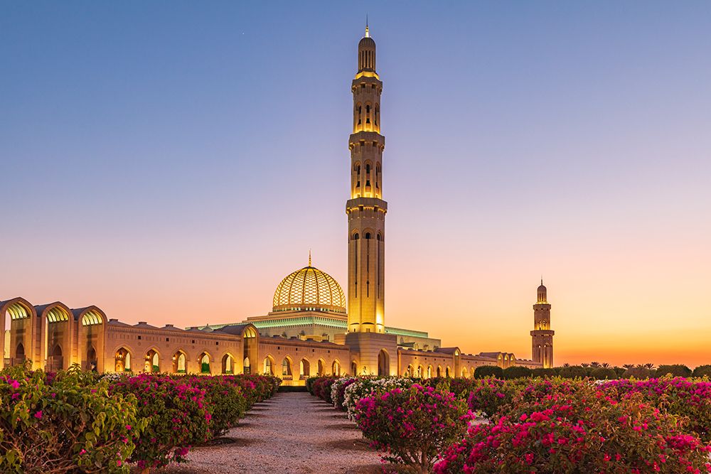 Middle East-Arabian Peninsula-Oman-Muscat-Sunset view of the Sultan Qaboos Grand Mosque in Bawshar art print by Emily Wilson for $57.95 CAD