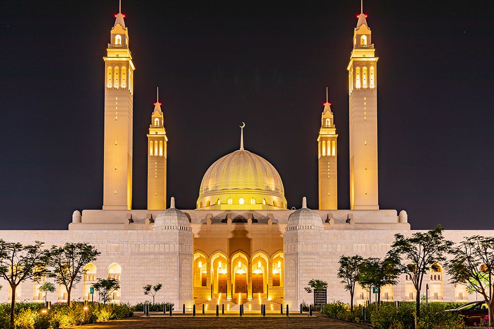 Middle East-Arabian Peninsula-Oman-Ad Dakhiliyah-Nizwa-Night view of the Sultan Qaboos Grand Mosque art print by Emily Wilson for $57.95 CAD