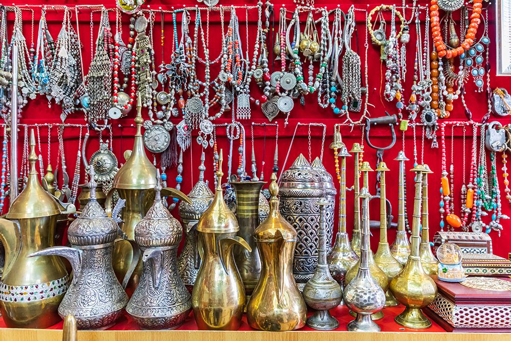 Middle East-Arabian Peninsula-Oman-Ad Dakhiliyah-Nizwa-Traditional tea pots and jewelry for sale art print by Emily Wilson for $57.95 CAD