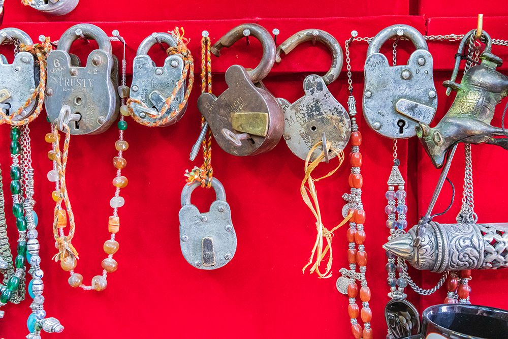 Middle East-Arabian Peninsula-Oman-Ad Dakhiliyah-Nizwa-Padlocks for sale in the souk in Nizwa art print by Emily Wilson for $57.95 CAD