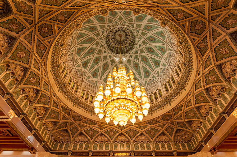 An ornate ceiling in the mens prayer room of the Sultan Qaboos Grand Mosque-Muscat-Oman art print by Sergio Pitamitz for $57.95 CAD