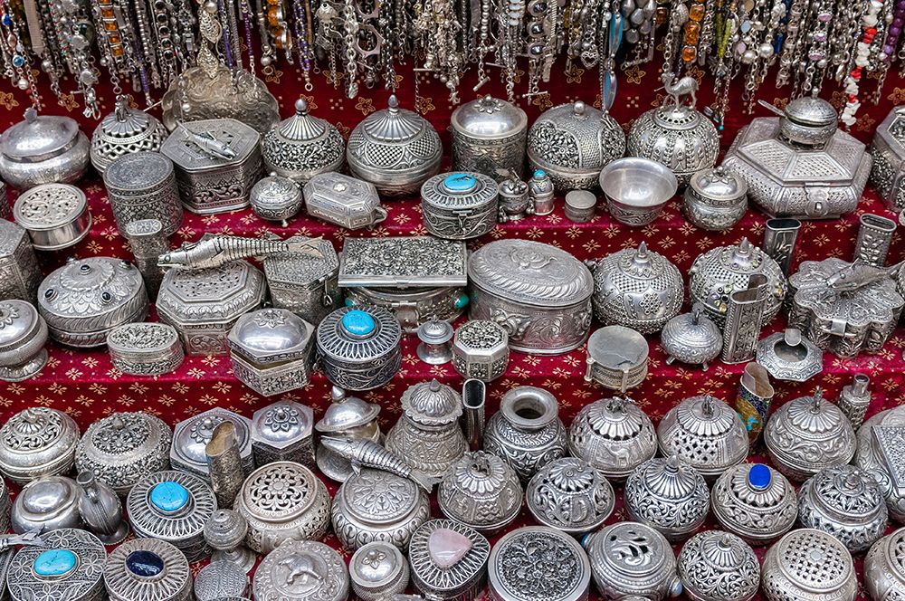 Silver handcrafted objects for sale at the Muttrah Souq Muttrah-Muscat-Oman art print by Sergio Pitamitz for $57.95 CAD