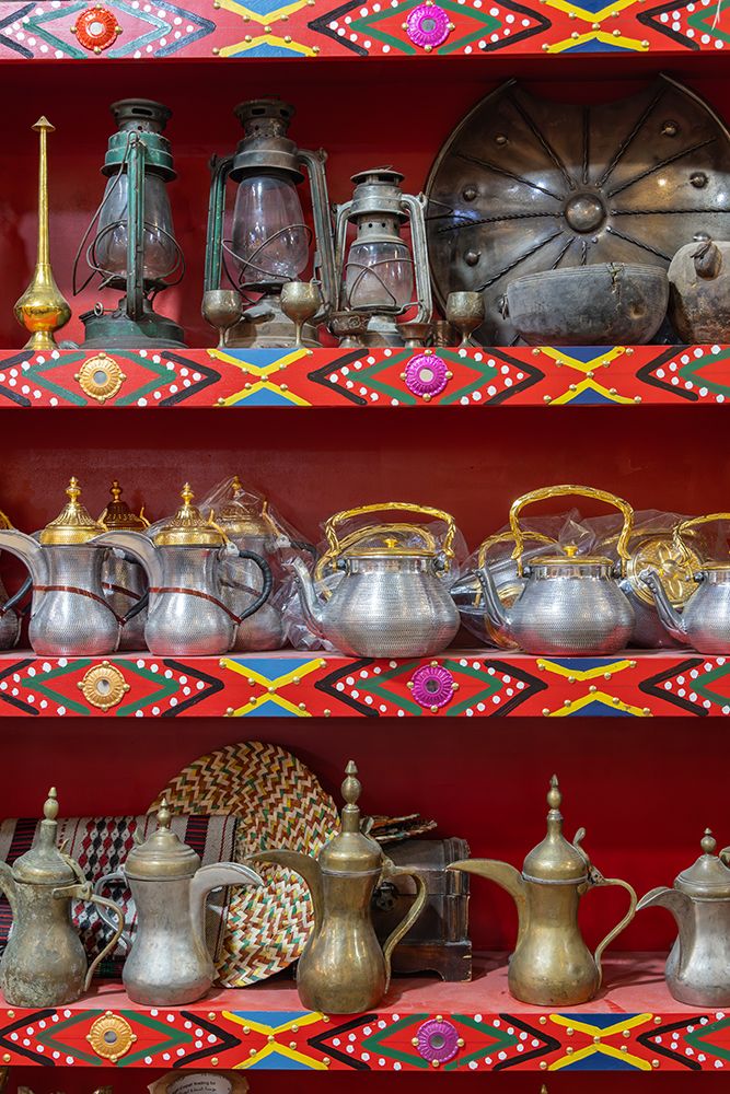 Saudi Arabia, Riyadh, Al-Dirah. Coffee and tea pots at the Souq Al-Zal. art print by Emily M. Wilson for $57.95 CAD