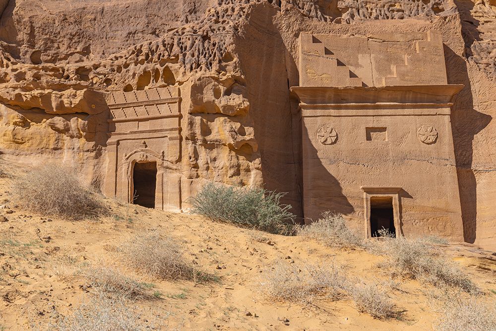 Saudi Arabia, Medina, Al-Ula, Hegra. Nabatean rock cut ruins at the Hegra Archaeological Area. art print by Emily M. Wilson for $57.95 CAD