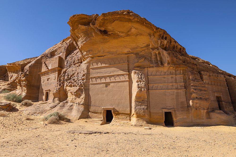 Saudi Arabia, Medina, Al-Ula, Hegra. Nabatean rock cut ruins at the Hegra Archaeological Area. art print by Emily M. Wilson for $57.95 CAD