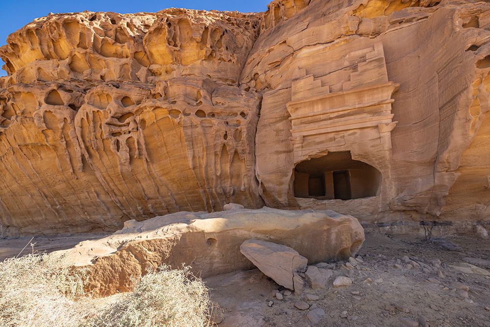 Saudi Arabia, Medina, Al-Ula, Hegra. Nabatean rock cut ruins at the Hegra Archaeological Area. art print by Emily M. Wilson for $57.95 CAD