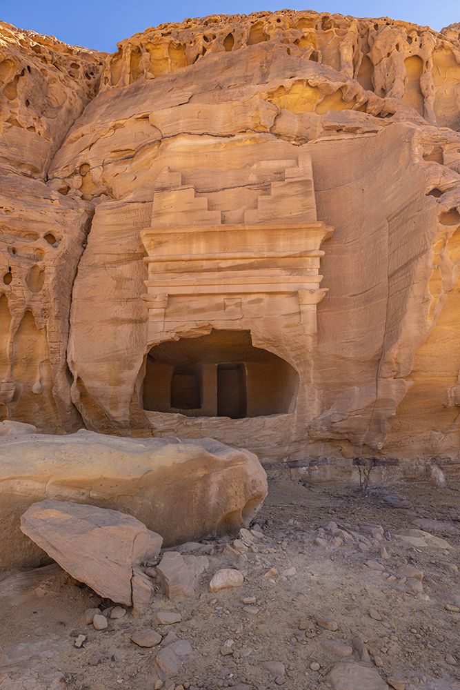 Saudi Arabia, Medina, Al-Ula, Hegra. Nabatean rock cut ruins at the Hegra Archaeological Area. art print by Emily M. Wilson for $57.95 CAD