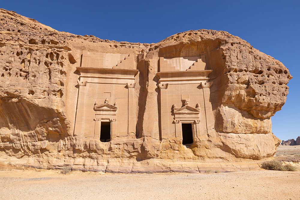 Saudi Arabia, Medina, Al-Ula, Hegra. Nabatean rock cut ruins at the Hegra Archaeological Area. art print by Emily M. Wilson for $57.95 CAD