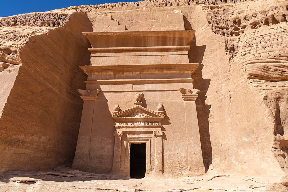 Saudi Arabia, Medina, Al-Ula, Hegra. Nabatean rock cut ruins at the Hegra Archaeological Area. art print by Emily M. Wilson for $57.95 CAD