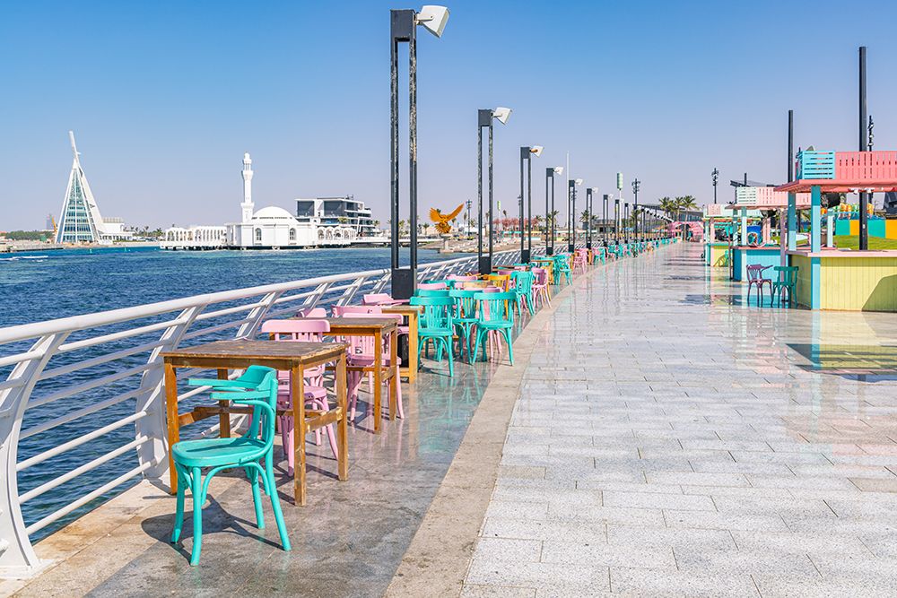 Saudi Arabia, Mecca Province, Jeddah. Seating area on the waterfront in Jeddah. art print by Emily M. Wilson for $57.95 CAD