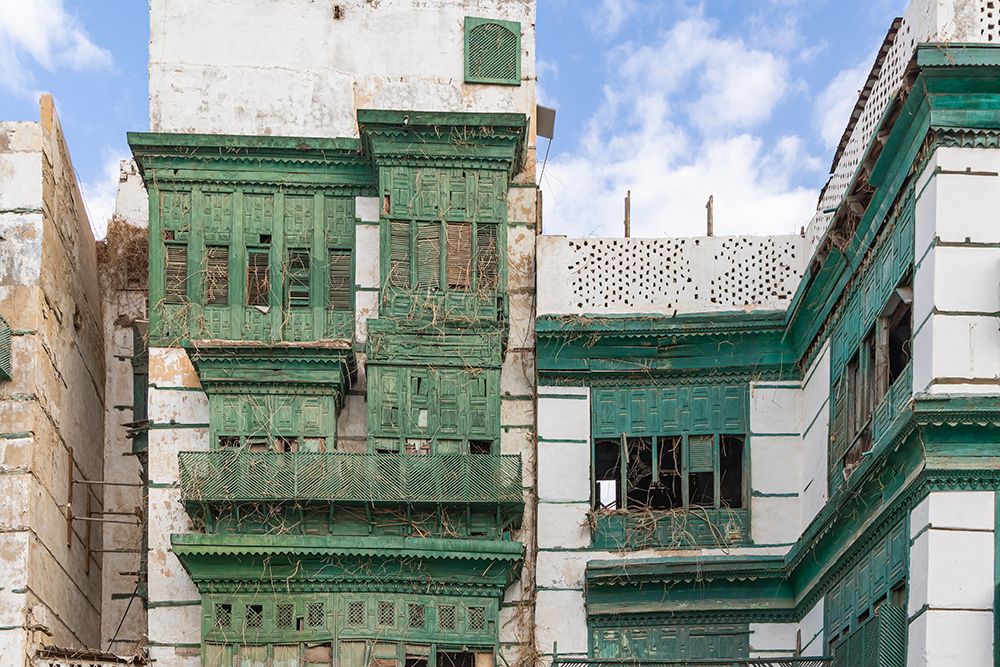 Saudi Arabia, Mecca, Jeddah, Al-Balad.Hijazi tower house with wooden Roshan windows and balconies. art print by Emily M. Wilson for $57.95 CAD