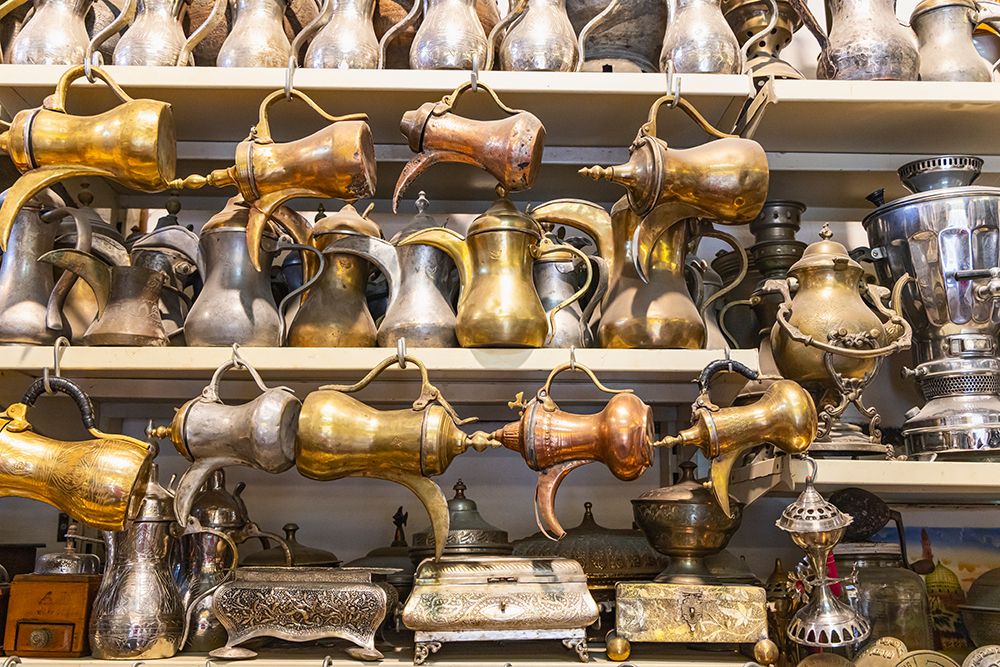 Saudi Arabia, Mecca Province, Jeddah. Antique brass, copper, and tin coffee pots, Al-Balad district art print by Emily M. Wilson for $57.95 CAD
