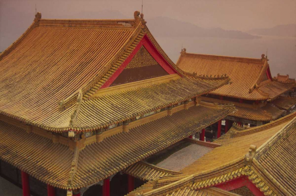 Taiwan, Wenwu Temple rooftops with Sun Moon Lake art print by Steve Satushek for $57.95 CAD