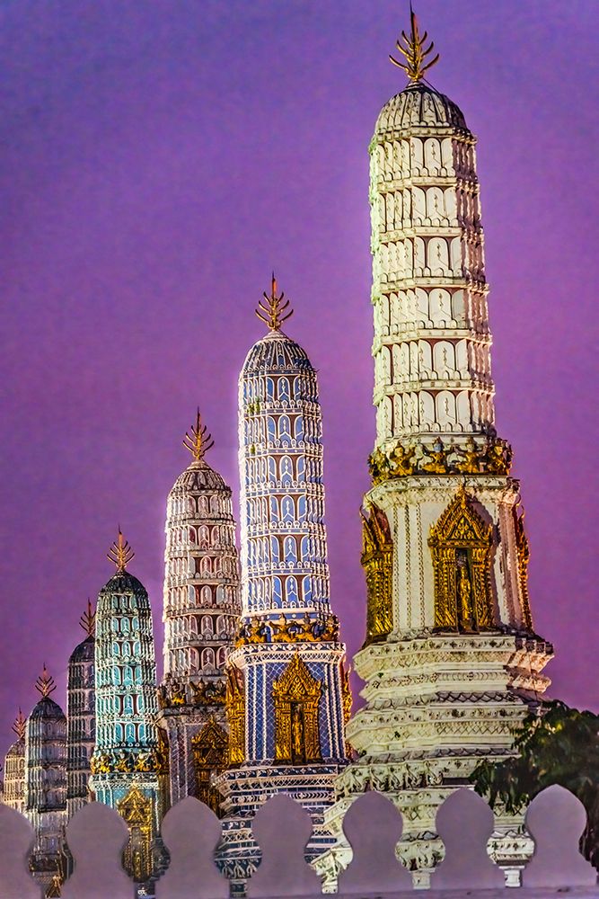 Colorful sunset Grand Palace, Bangkok, Thailand. Prangs represents different Buddhist Sects. art print by William Perry for $57.95 CAD