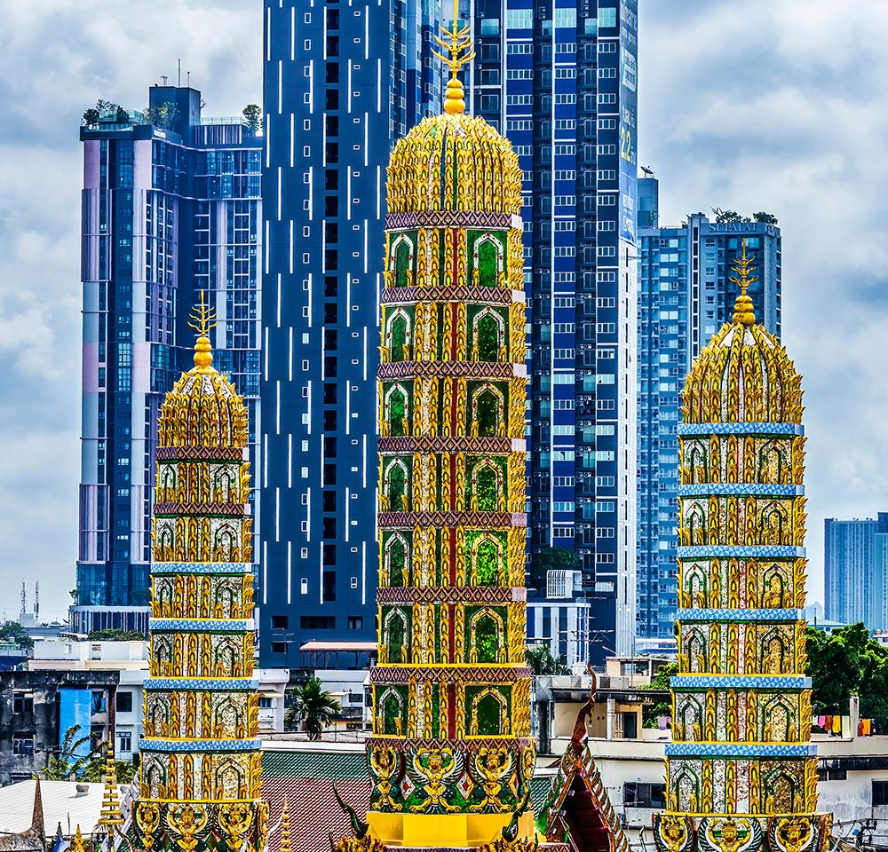 Golden Three Towers, Wat Khun Chan, Bangkok, Thailand. Temple established in early 1800s. art print by William Perry for $57.95 CAD