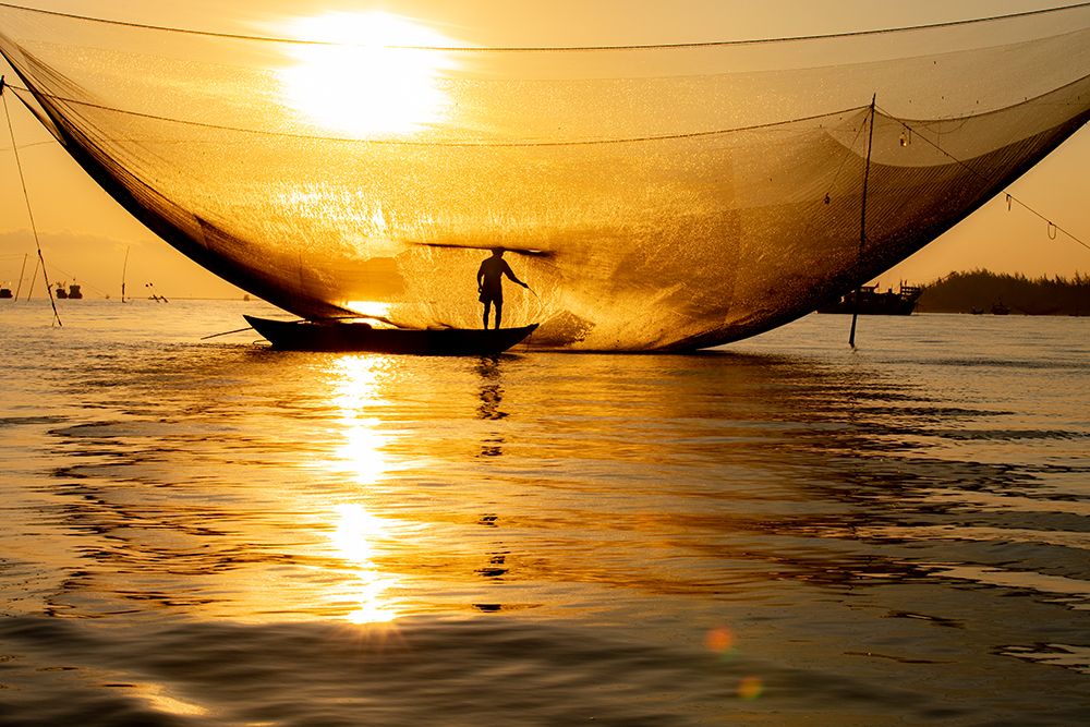 Vietnam-Fisherman emptying the nights catch in the Lagoon art print by Tom Norring for $57.95 CAD