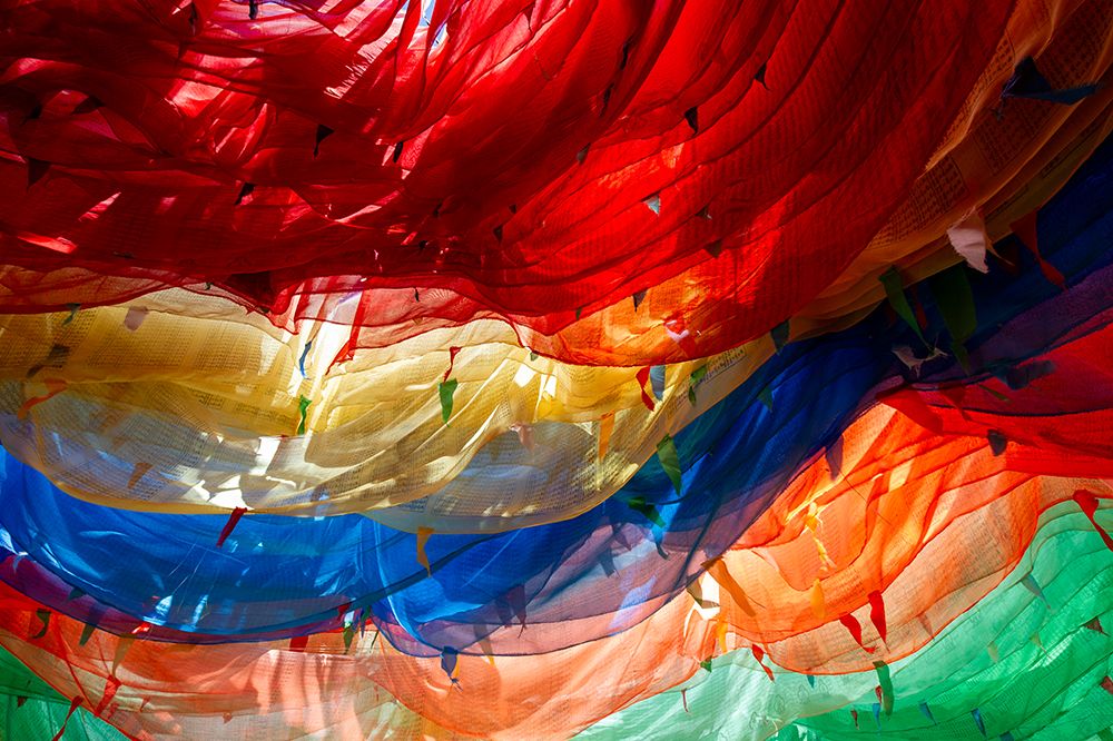 Tibet, Kham, Tagong. Interior view of a cone of prayer flags. art print by Alison Wright for $57.95 CAD