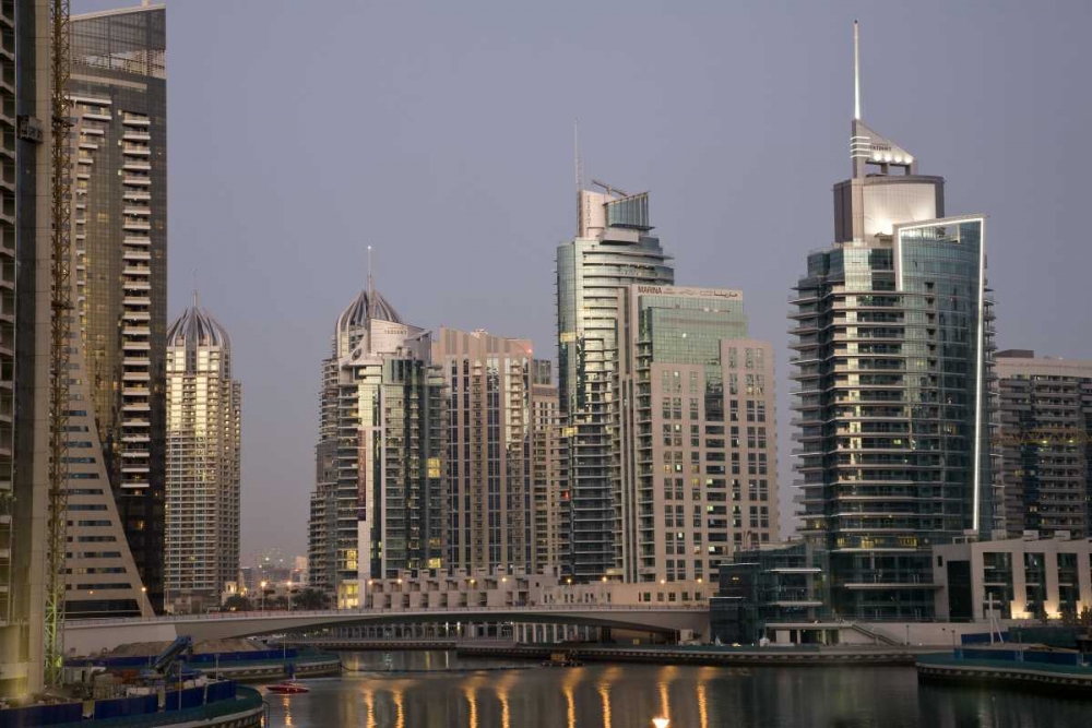 UAE, Dubai Tower lights reflect on marina water art print by Bill Young for $57.95 CAD